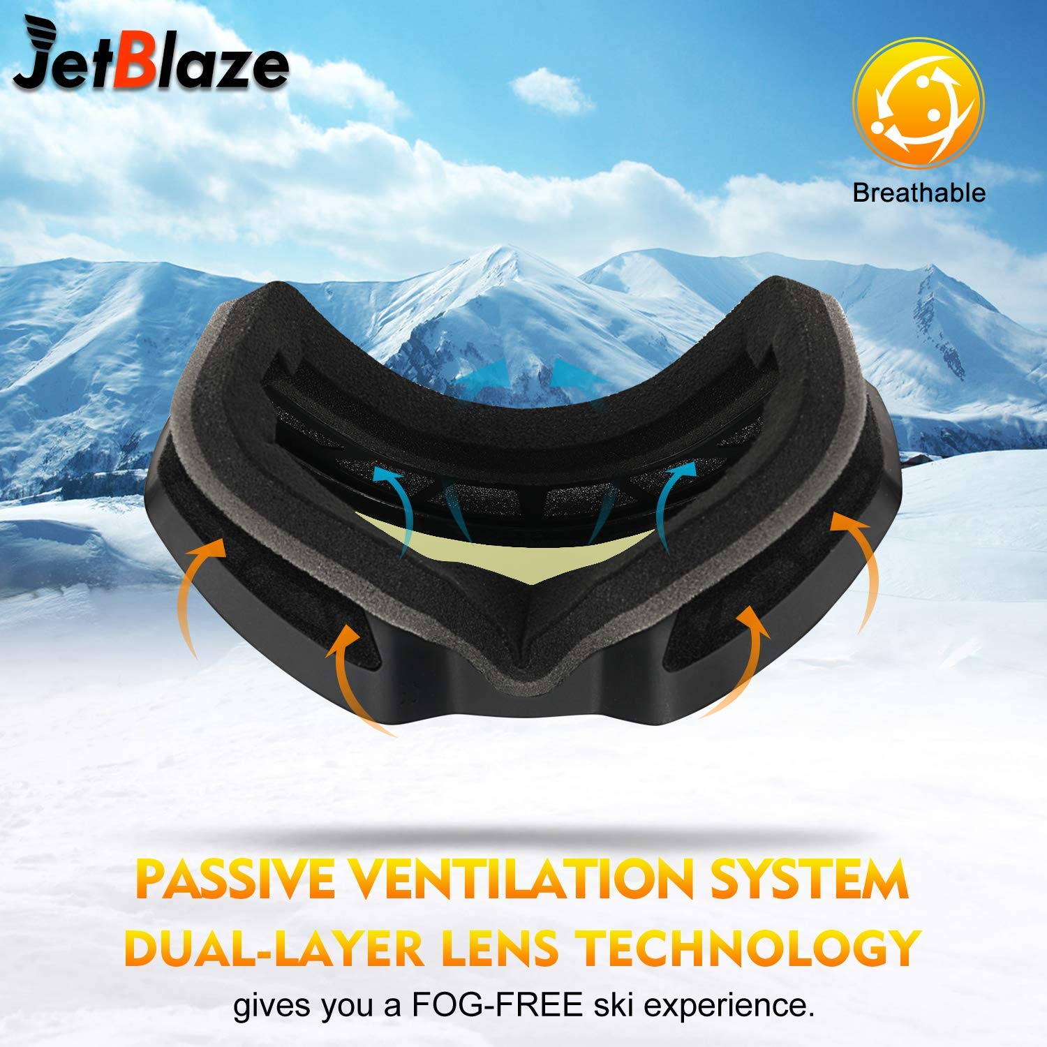 JetBlaze Ski Snow Goggles with Dual Layers Lens Anti-Fog UV 